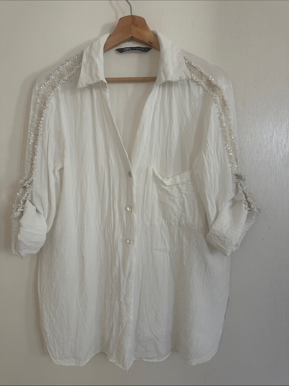 Zara White Beaded Shoulder Button-Down Shirt